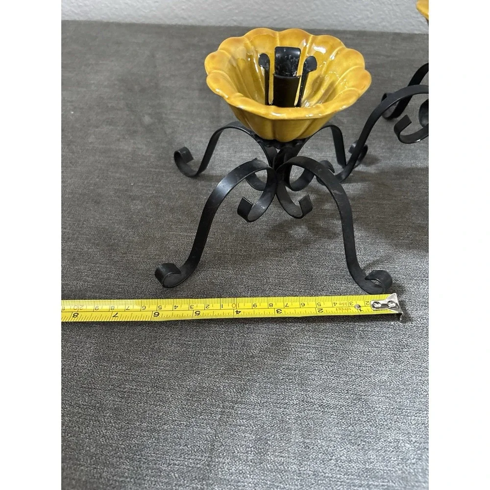 VTG Treasure Craft 2 Candle Holder Black Metal Scroll Yellow Ceramic Floral READ